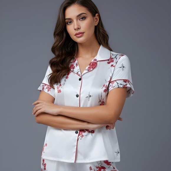 White Floral Satin PJ's Pyjama Set - Picture 3 of 8